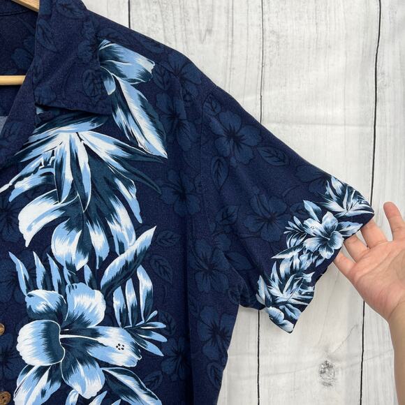 VINTAGE Kennington LARGE Blue Hibisicus Hawaiian Aloha Dad Shirt Button Up 90's - Picture 5 of 11
